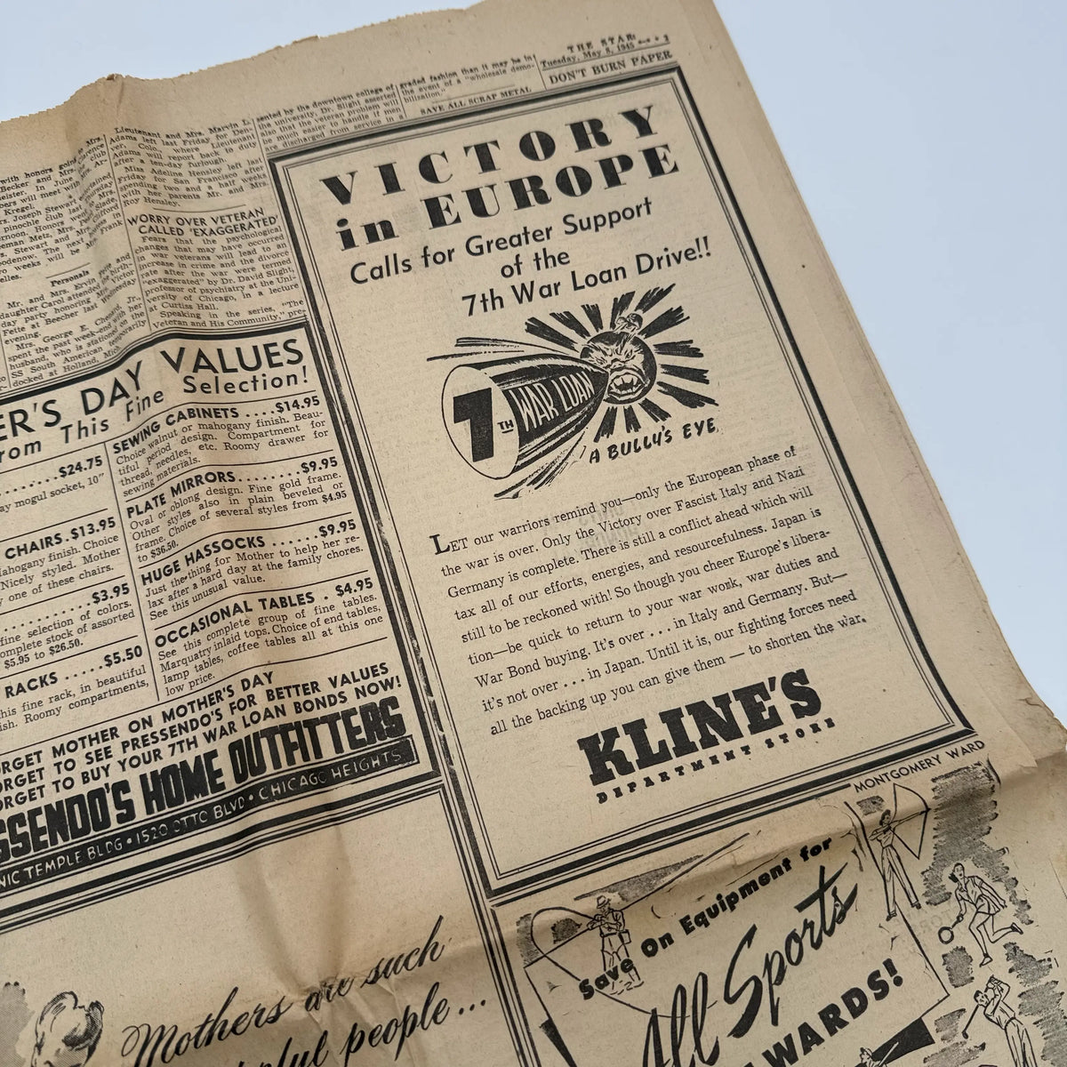 World War II Newspapers with major events of the war — Outbreak, Pearl Harbor, FDR Dies, V-E Day, atomic bomb dropped, more