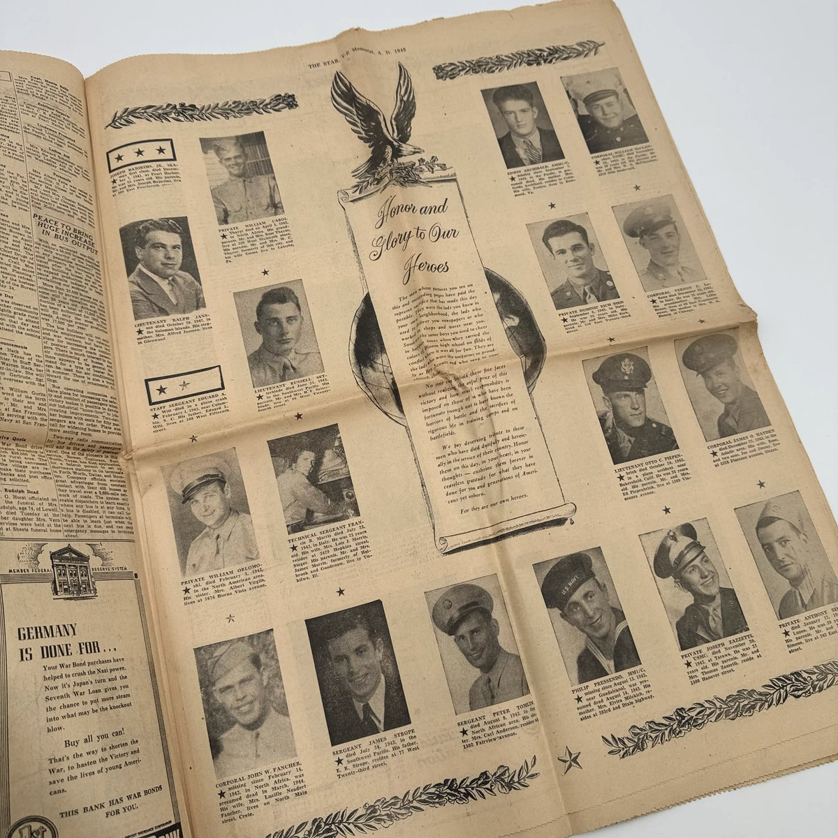 World War II Newspapers with major events of the war — Outbreak, Pearl Harbor, FDR Dies, V-E Day, atomic bomb dropped, more