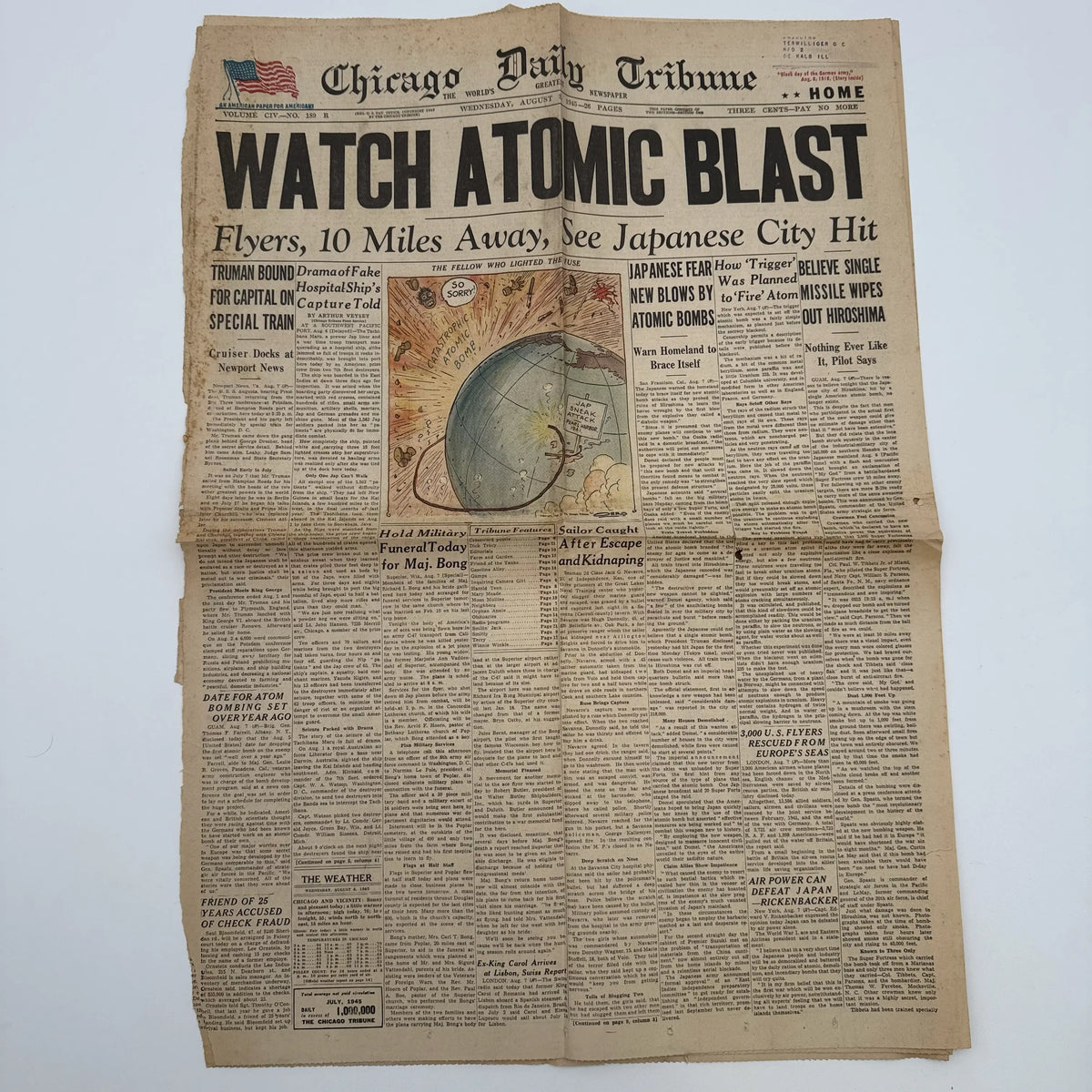 World War II Newspapers with major events of the war — Outbreak, Pearl Harbor, FDR Dies, V-E Day, atomic bomb dropped, more