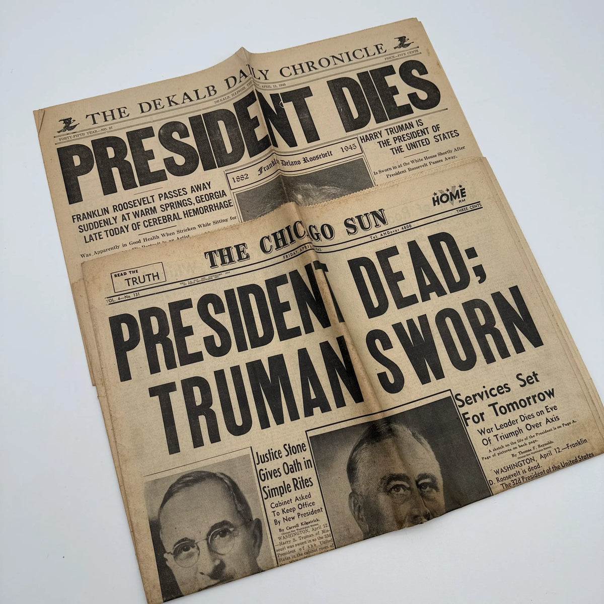 World War II Newspapers with major events of the war — Outbreak, Pearl Harbor, FDR Dies, V-E Day, atomic bomb dropped, more