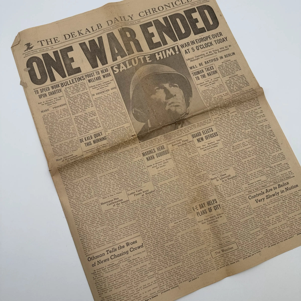 World War II Newspapers with major events of the war — Outbreak, Pearl Harbor, FDR Dies, V-E Day, atomic bomb dropped, more