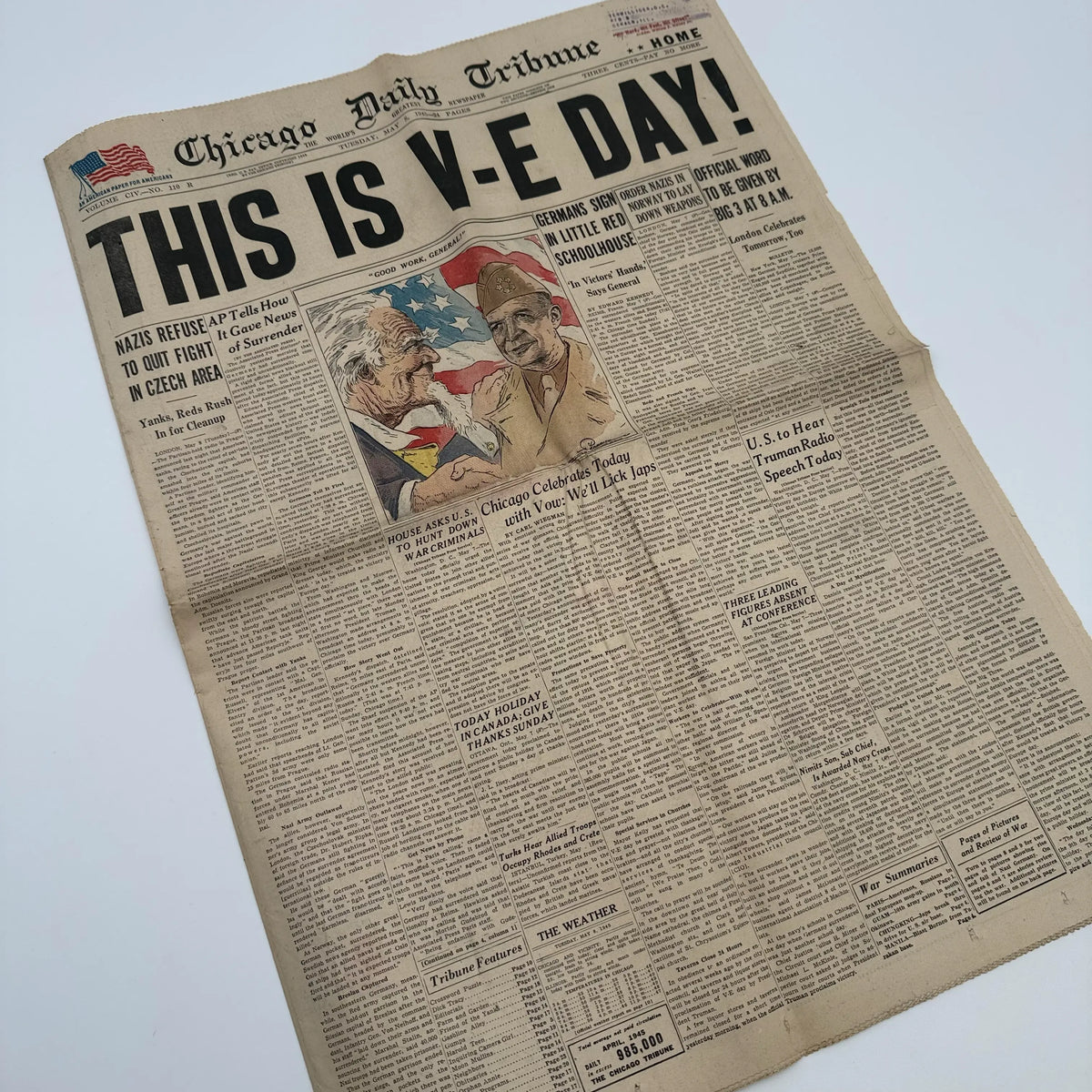 World War II Newspapers with major events of the war — Outbreak, Pearl Harbor, FDR Dies, V-E Day, atomic bomb dropped, more