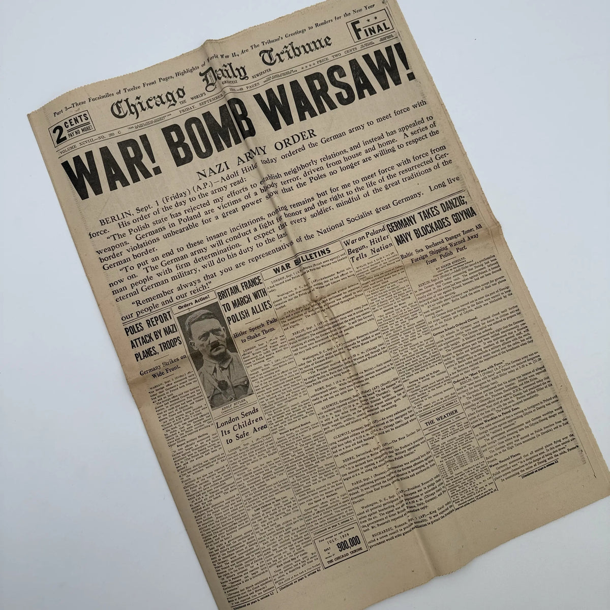 World War II Newspapers with major events of the war — Outbreak, Pearl Harbor, FDR Dies, V-E Day, atomic bomb dropped, more