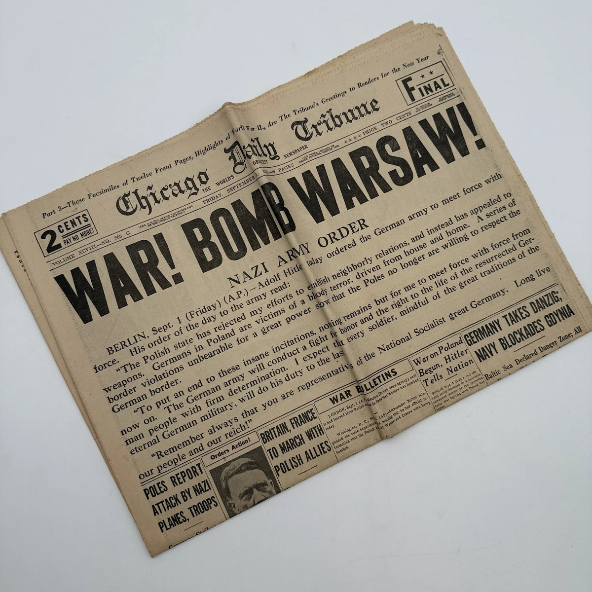 World War II Newspapers with major events of the war — Outbreak, Pearl Harbor, FDR Dies, V-E Day, atomic bomb dropped, more