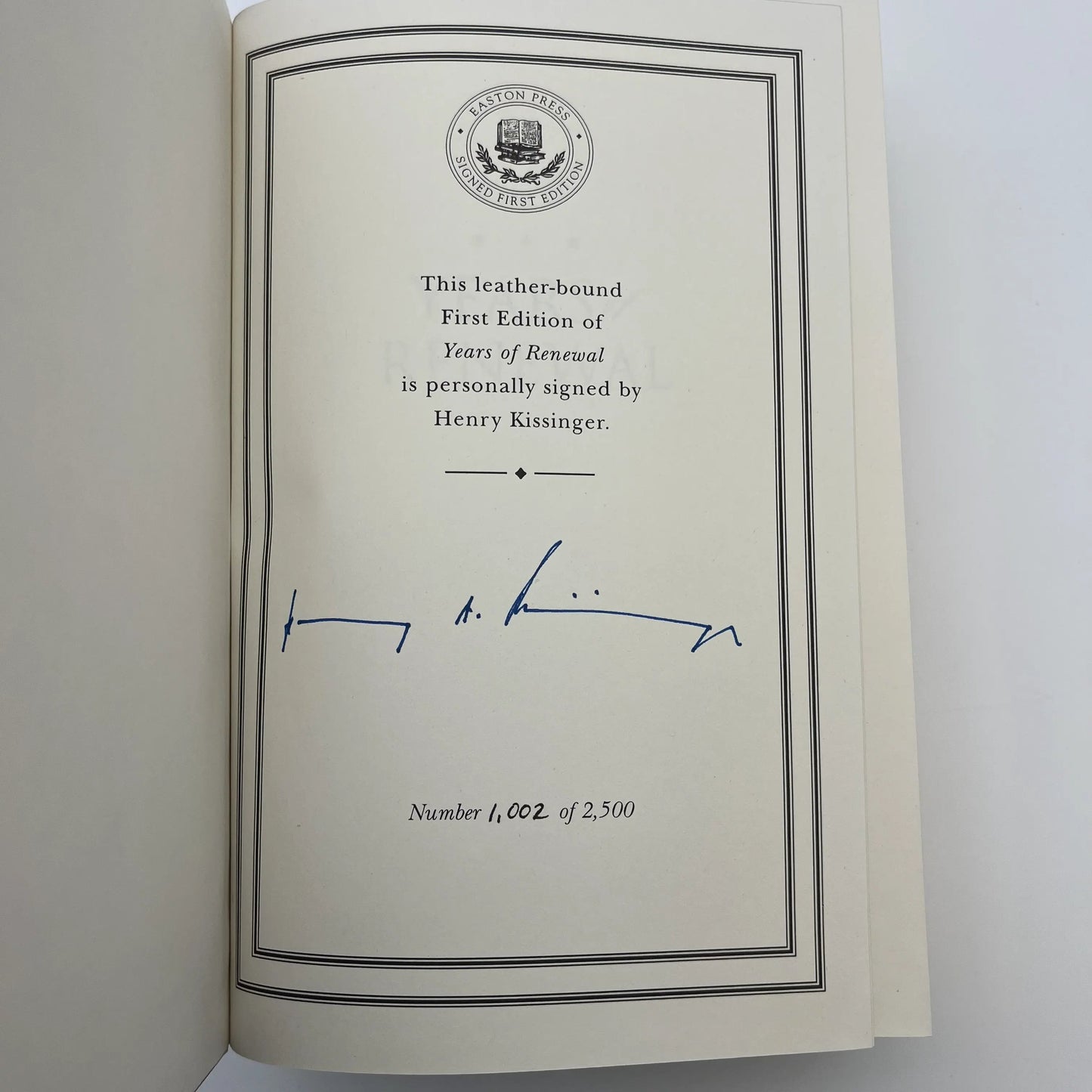 "Years of Renewal" — Signed by Henry Kissinger - Leather-bound, gilt-edged Easton Press edition