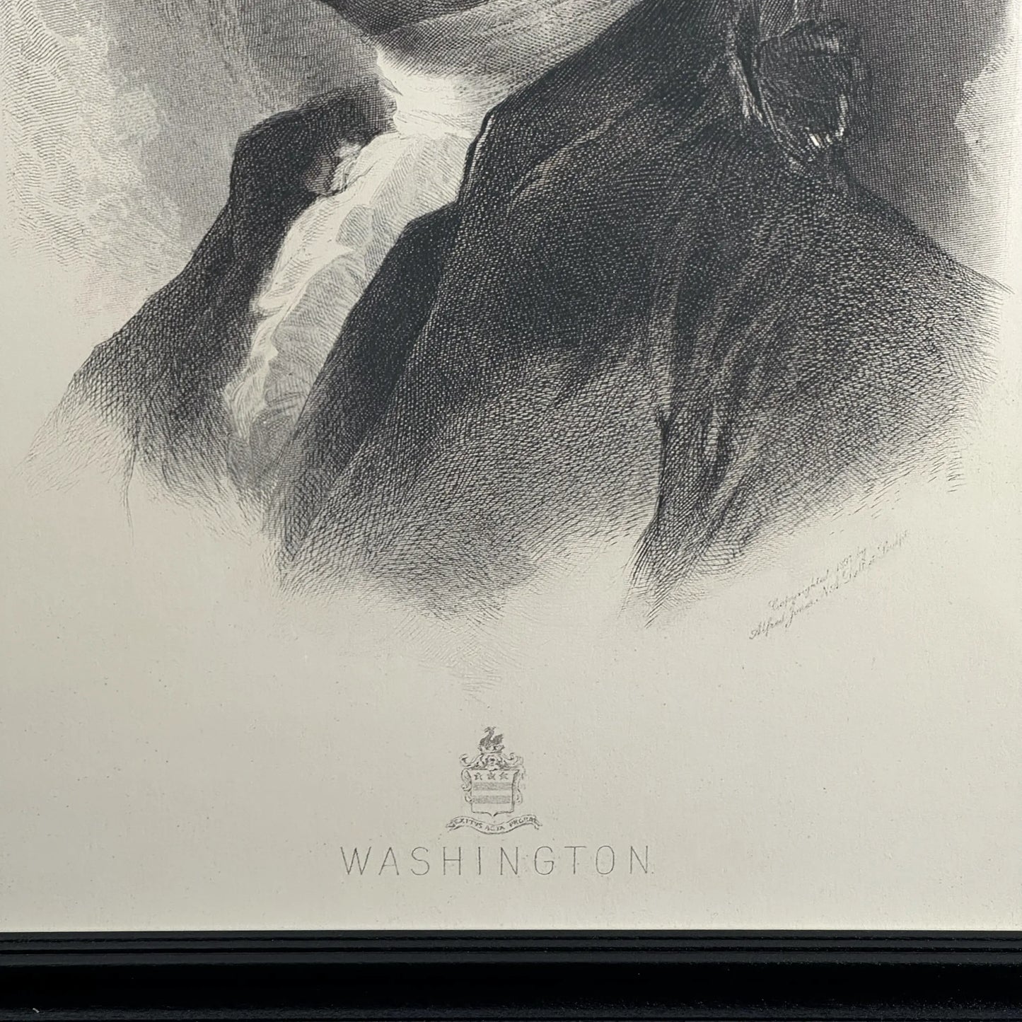 Washington crest and name close-up in the George Washington Portrait — Archival framed print, made in America, from The History List Store.