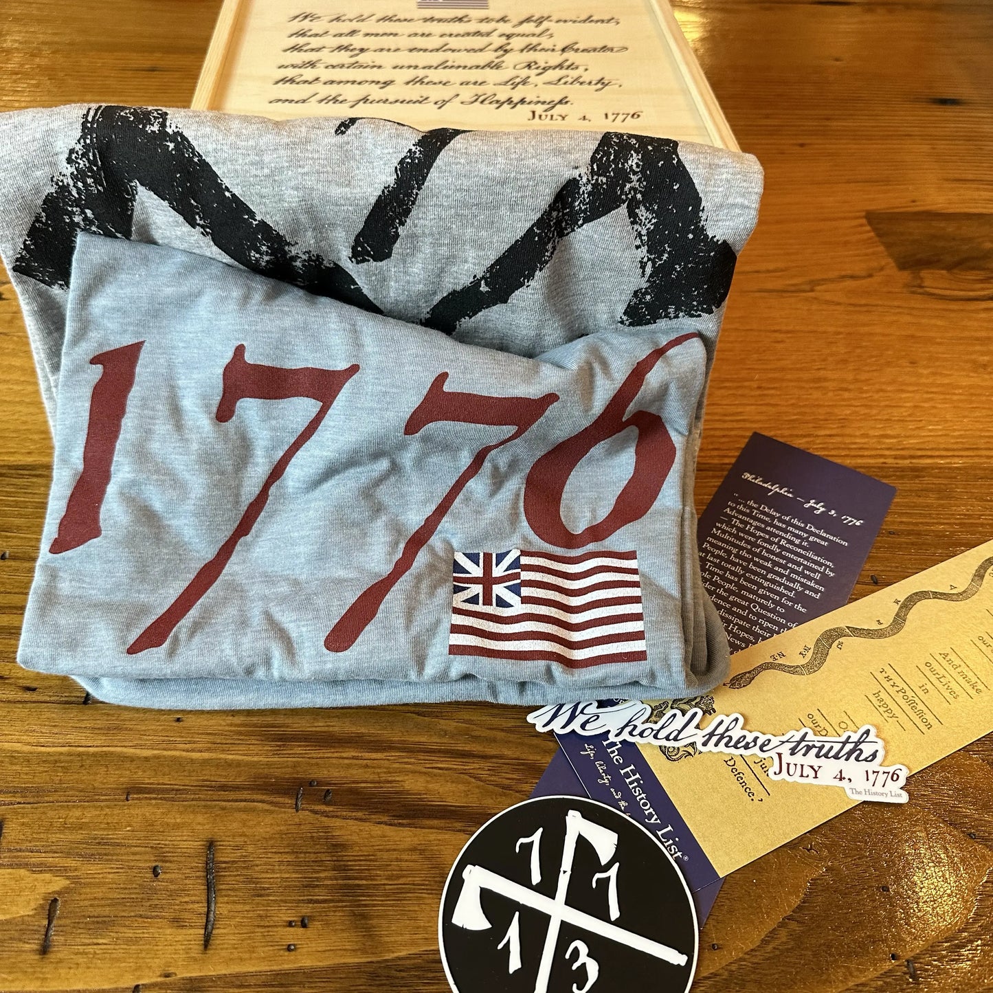 Shirts in the Revolutionary War gift box include our '1773' and '1776' shirts, along with bookmarks and stickers from The History List Store.