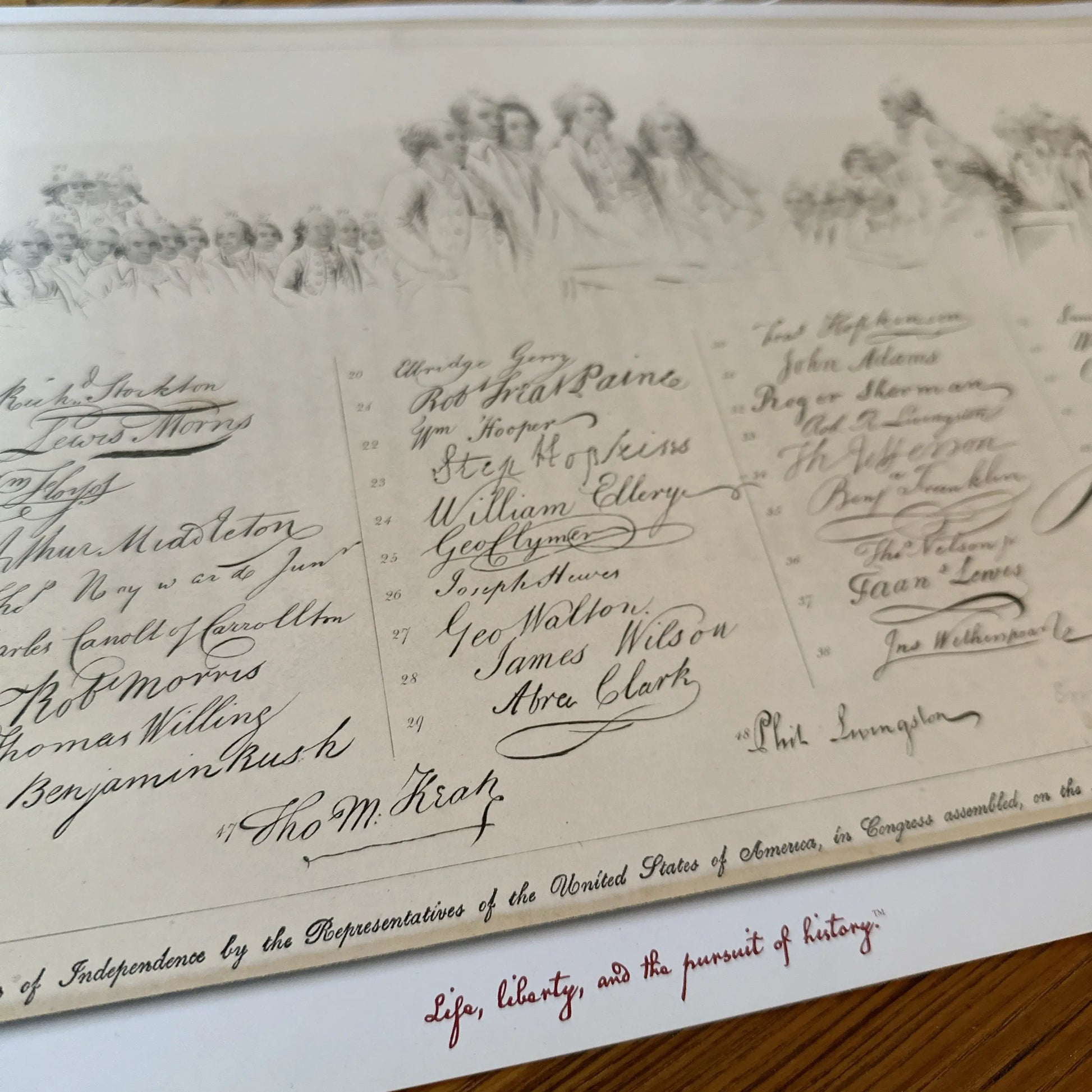 Close-up of "The Signers of the Declaration of the Independence and their signatures" from The History List store