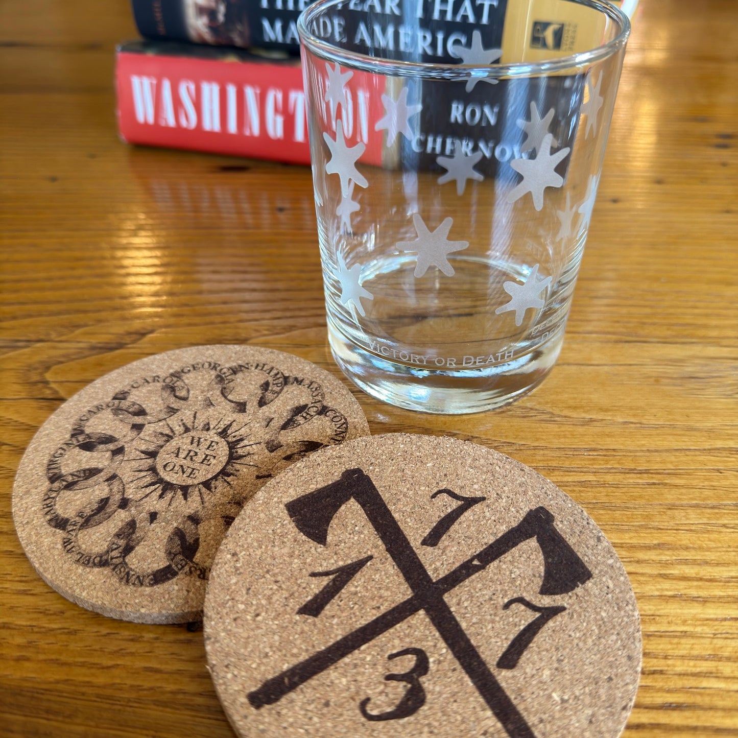 "Victory or Death" Revolutionary Rocks glasses showing the stars from Washington's HQs flag — Made in America