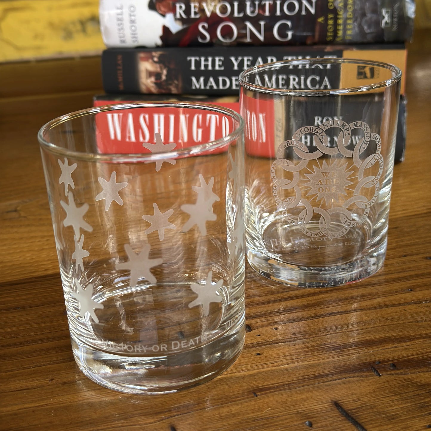 "Victory or Death" Revolutionary Rocks glasses showing the stars from Washington's HQs flag — Made in America