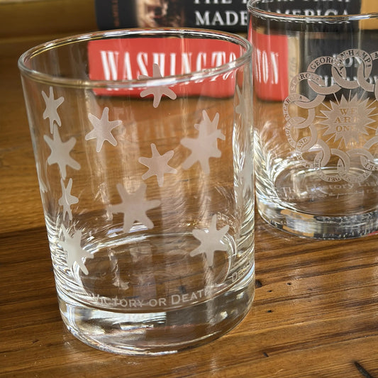 "Victory or Death" Revolutionary Rocks glasses showing the stars from Washington's HQs flag — Made in America