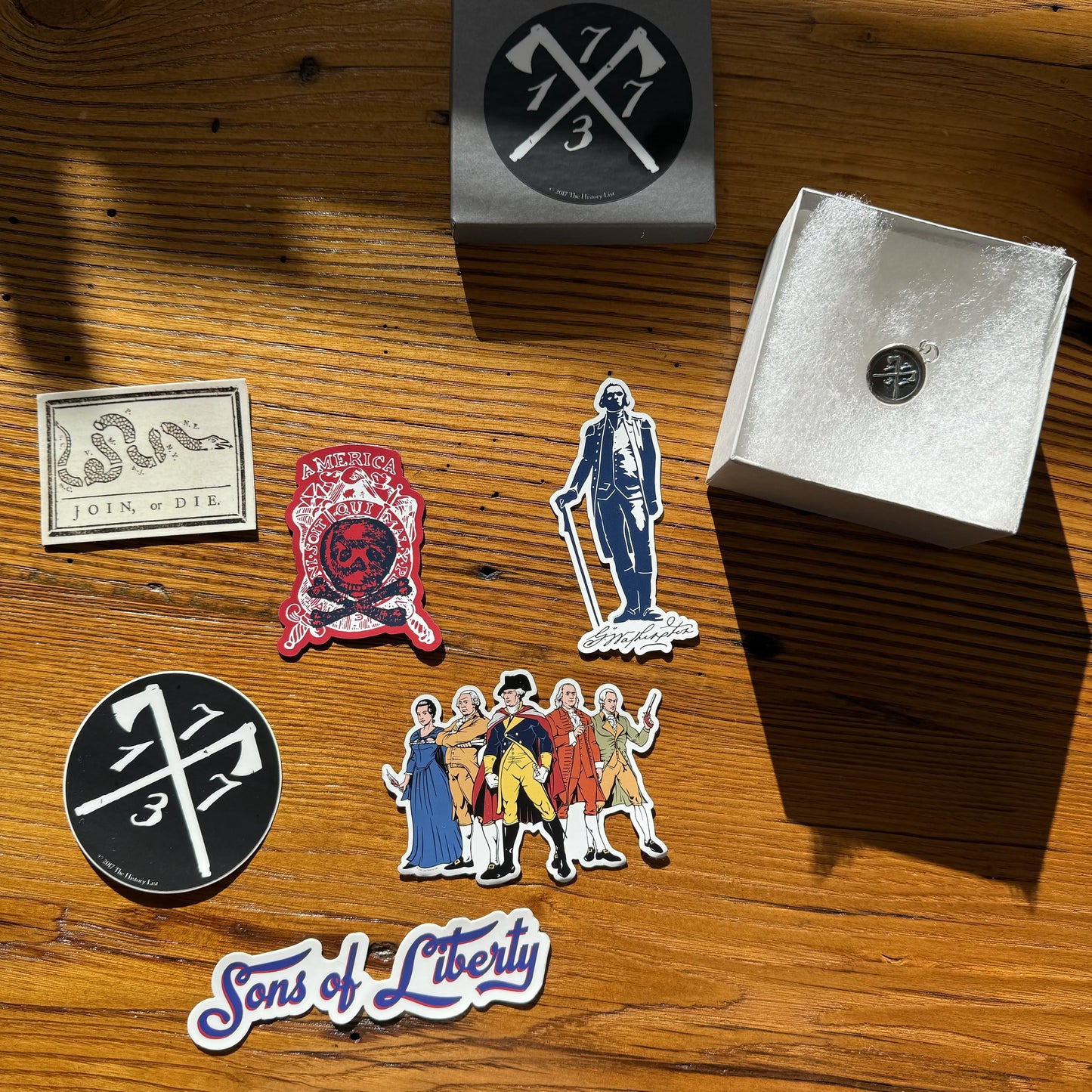 1773 Revolutionary sterling silver charms made by hand in New England with stickers package from the History List Store.