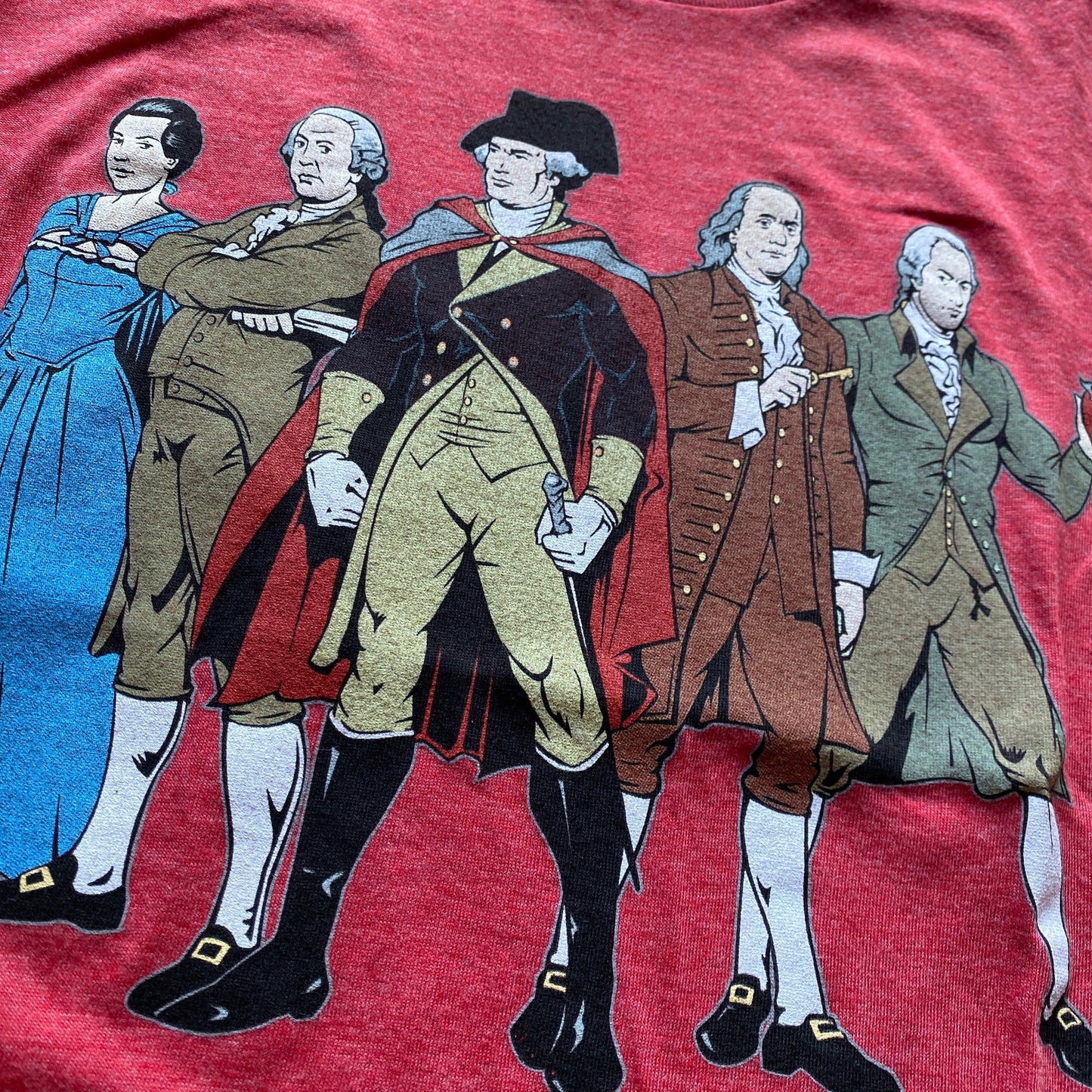 Close-up of "Revolutionary Superheroes" with George Washington T-Shirt in Youth sizes from The History List store