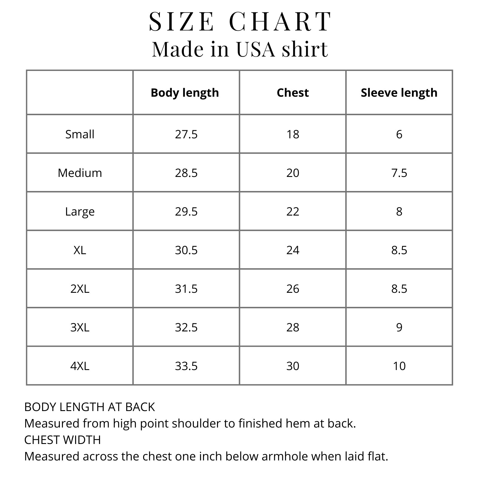 Size chart for the Teddy Roosevelt “I’m ready to vote for Teddy” presidential campaign shirt — Made in America from The History List store