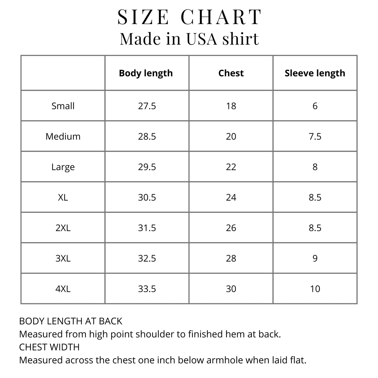 Size chart for Made in USA Shirt from The History List store