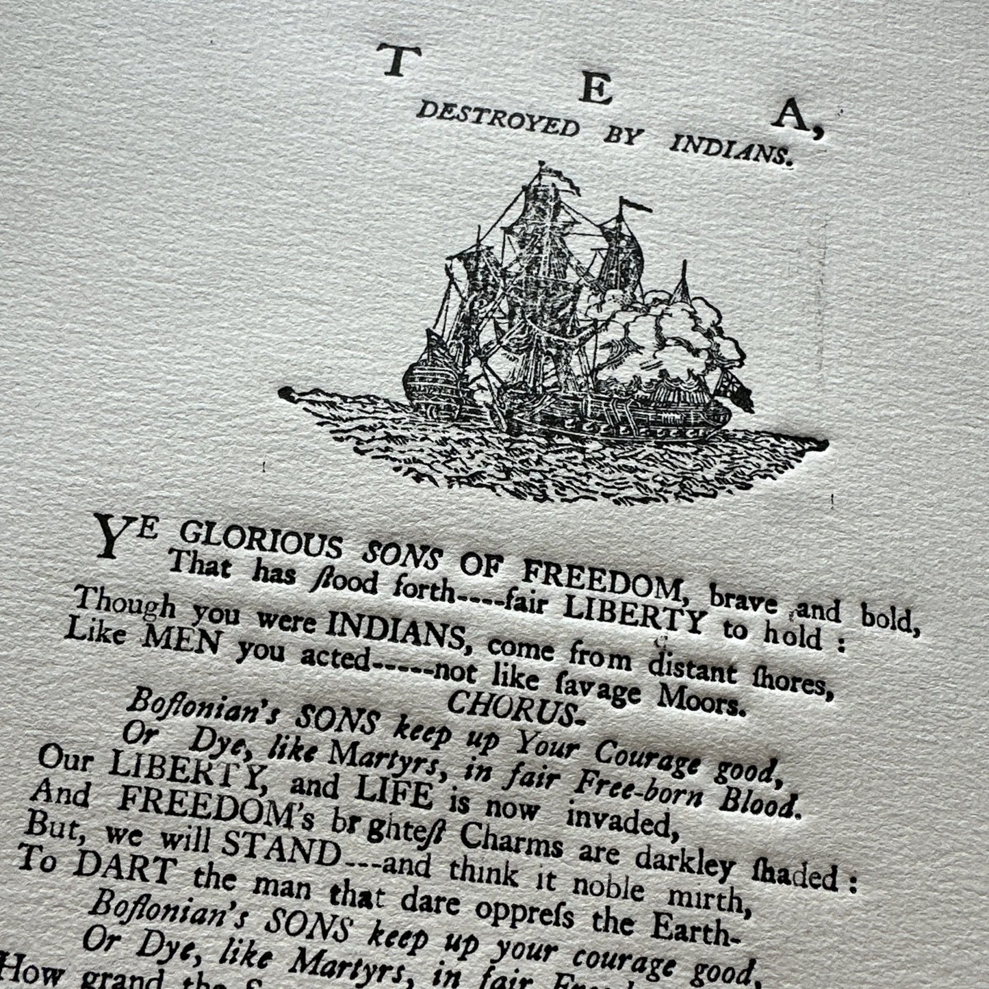 "Tea, Destroyed by Indians" Boston Tea Party Commemorative Poem