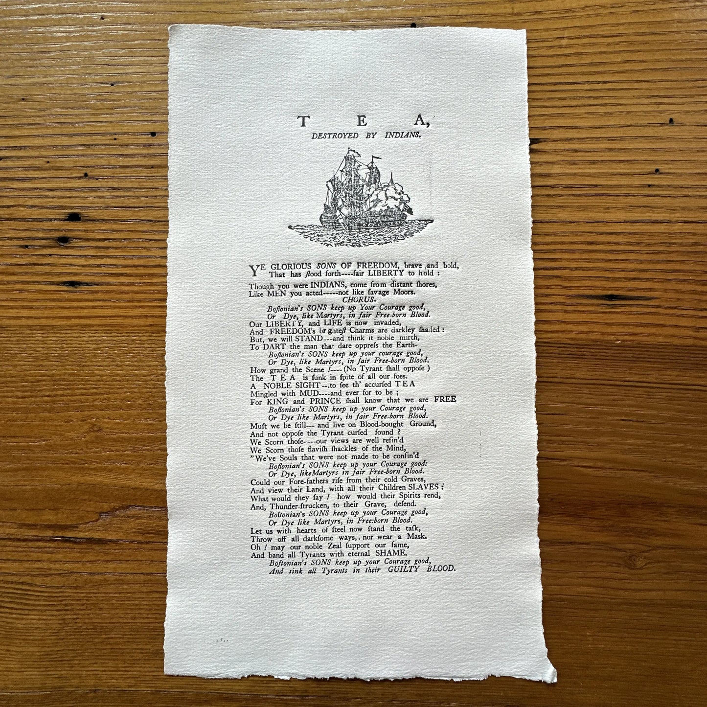 "Tea, Destroyed by Indians" Boston Tea Party Commemorative Poem