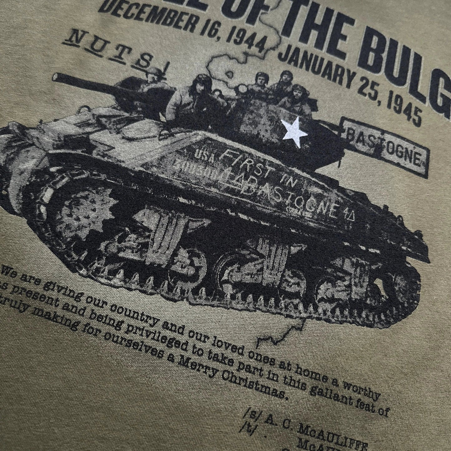 Close-up of The Battle of the Bulge Made in America Shirt from The History List store
