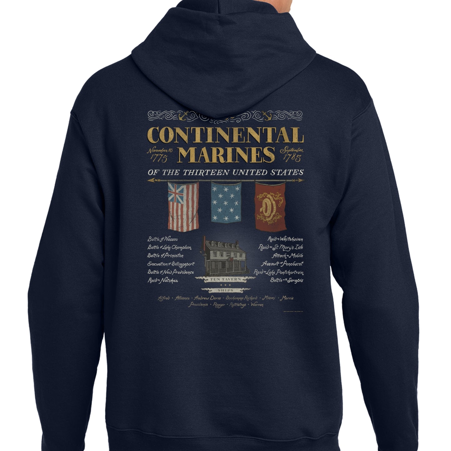 Back view of the "The Continental Marines" Hooded sweatshirt from The History List Store.