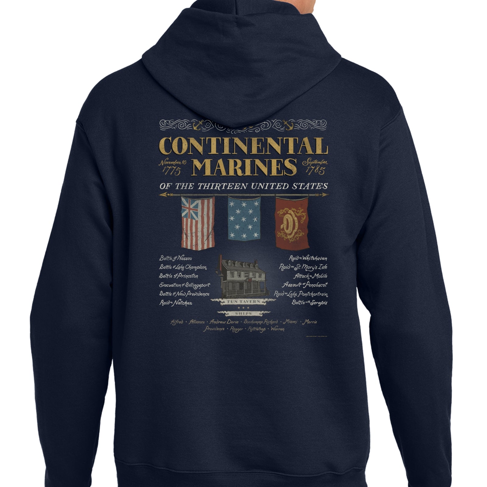 Back view of the "The Continental Marines" Hooded sweatshirt from The History List Store.