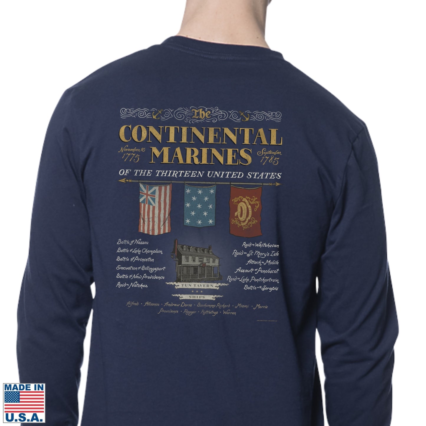 Back view of "The Continental Marines" Made in America Long-sleeved Shirt from The History List Store.