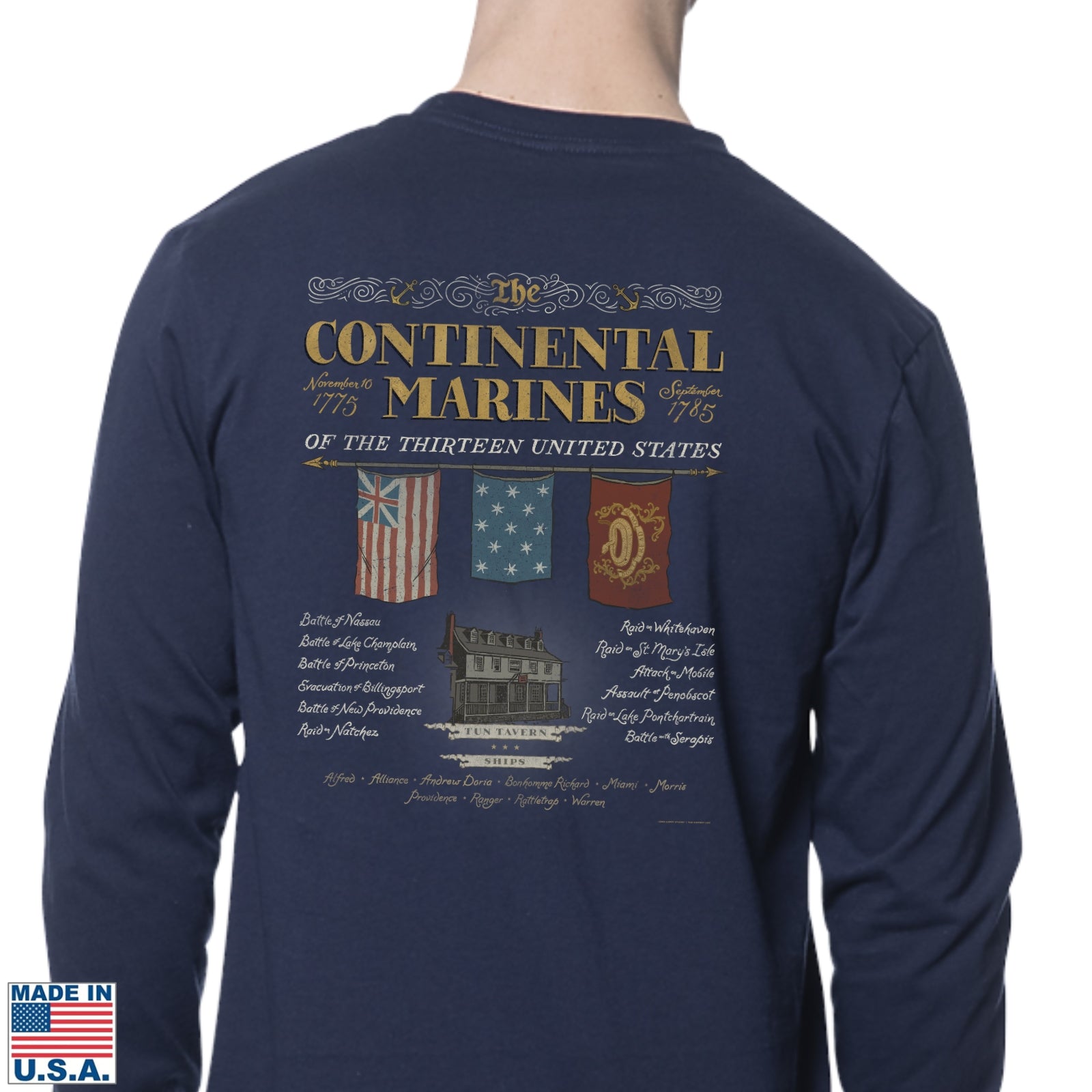 Back view of "The Continental Marines" Made in America Long-sleeved Shirt from The History List Store.