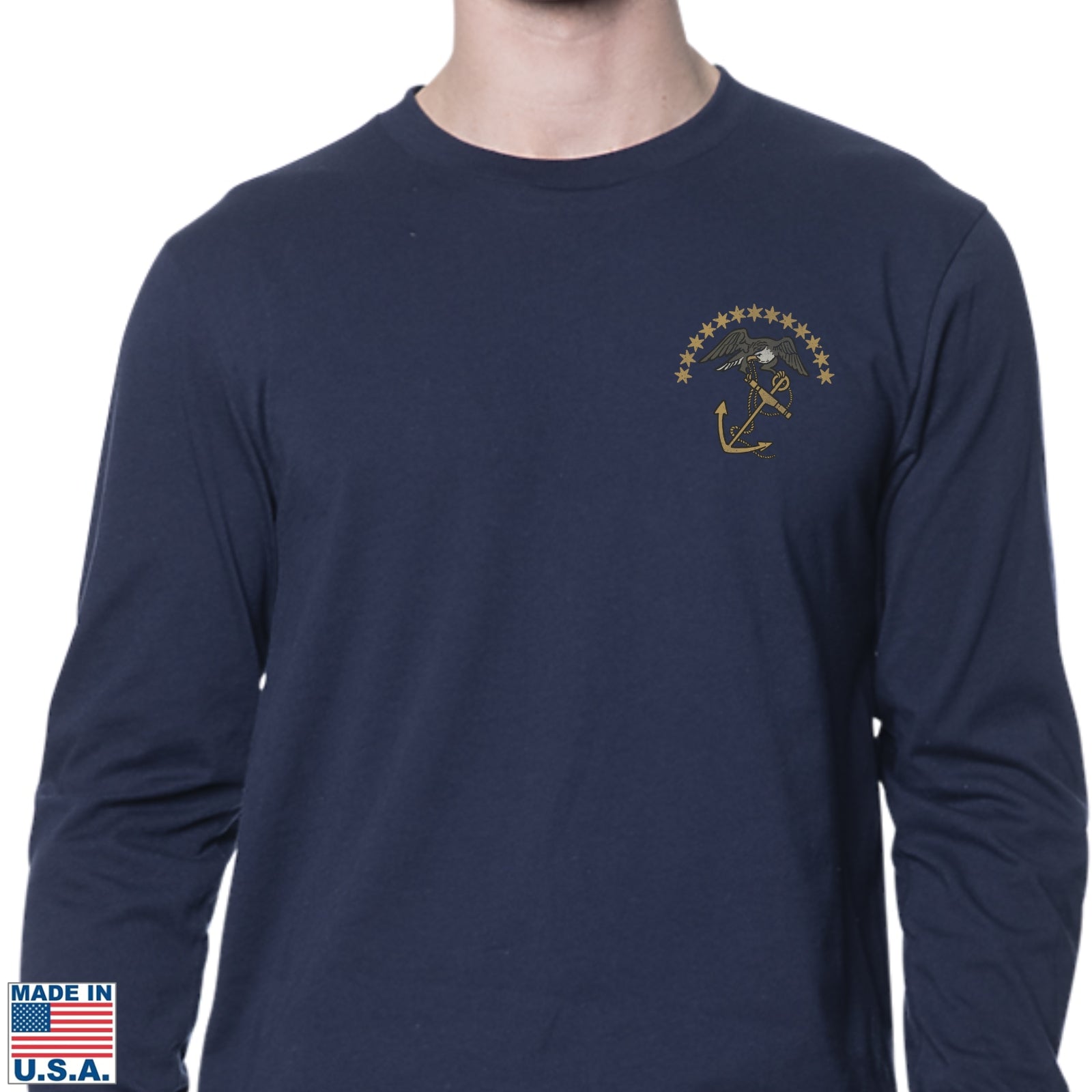 Front view of "The Continental Marines" Made in America Long-sleeved Shirt from The History List Store.