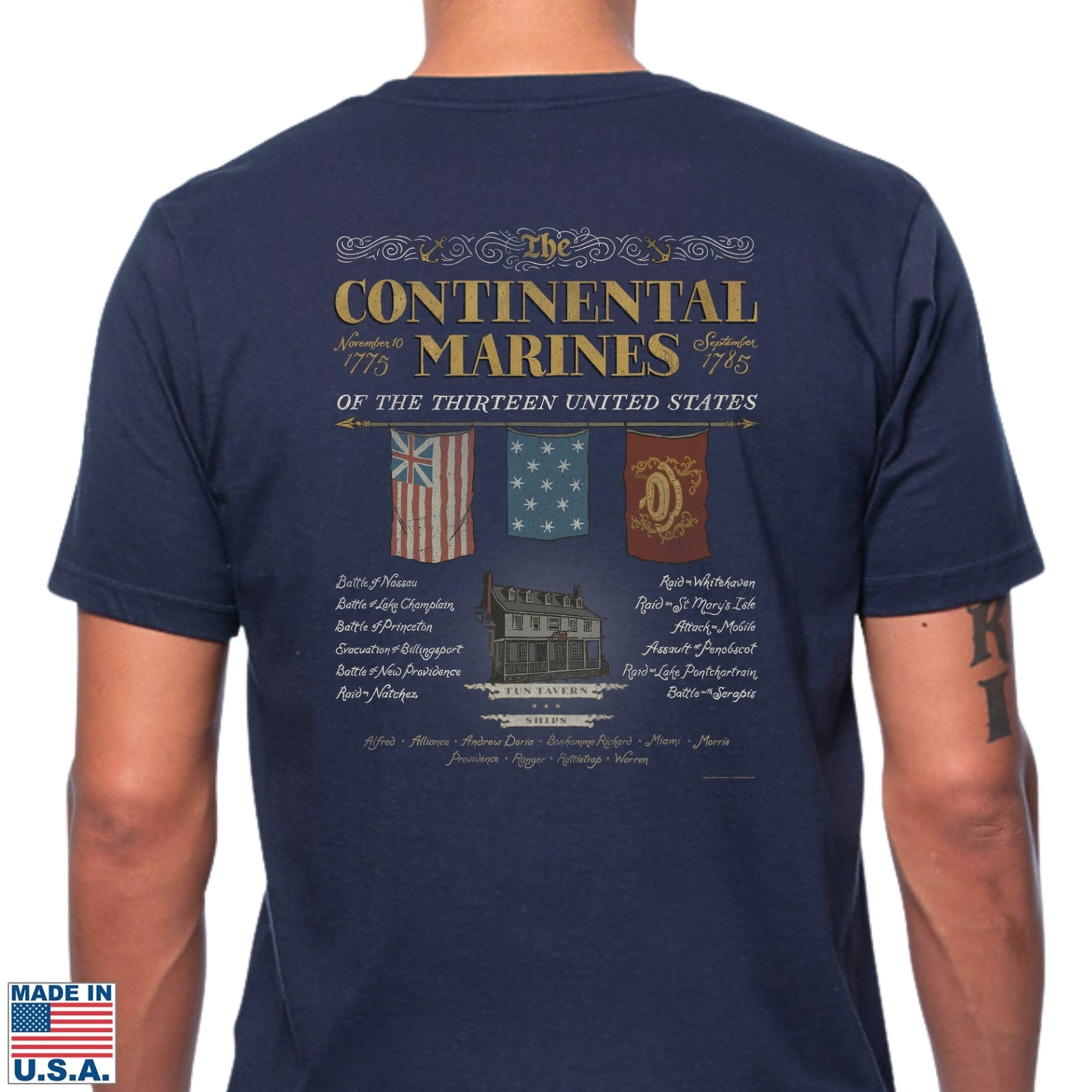 Back view of "The Continental Marines" Made in America Shirt in Navy Blue from The History List Store.