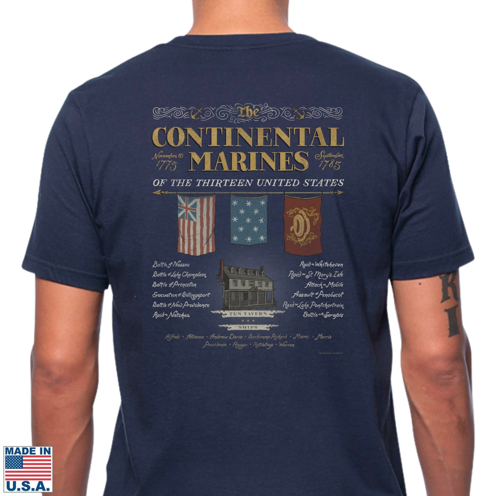 Back view of "The Continental Marines" Made in America Shirt in Navy Blue from The History List Store.