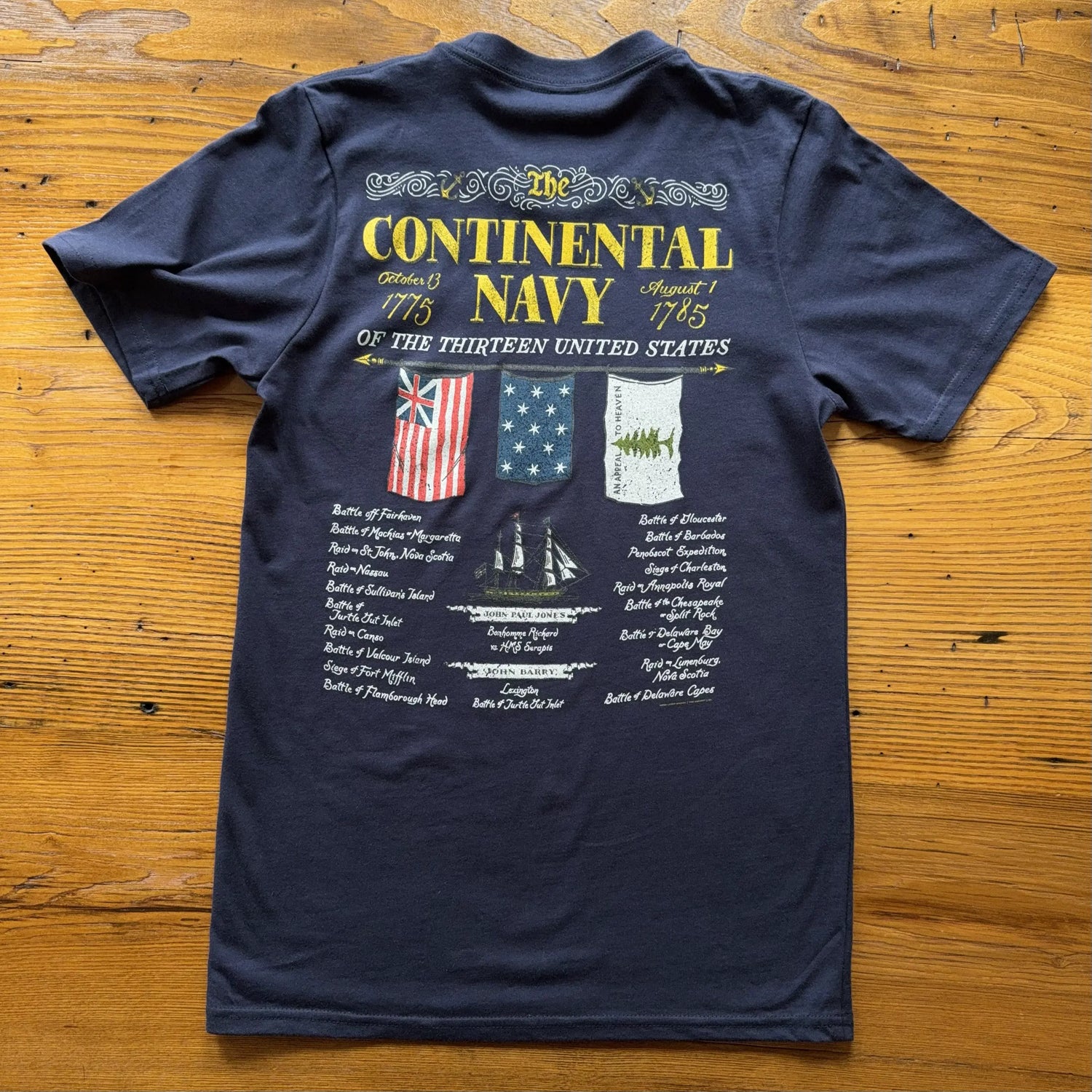 Back of "The Continental Navy" Made in America t-shirt from The History List store