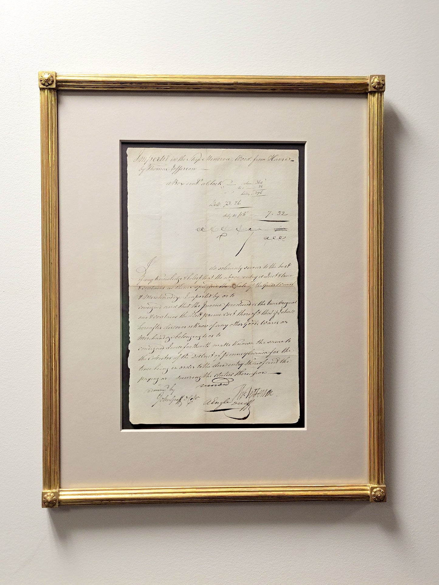 Document signed by Thomas Jefferson for the import duty on his famous Louis Chantrot Obelisk Clock