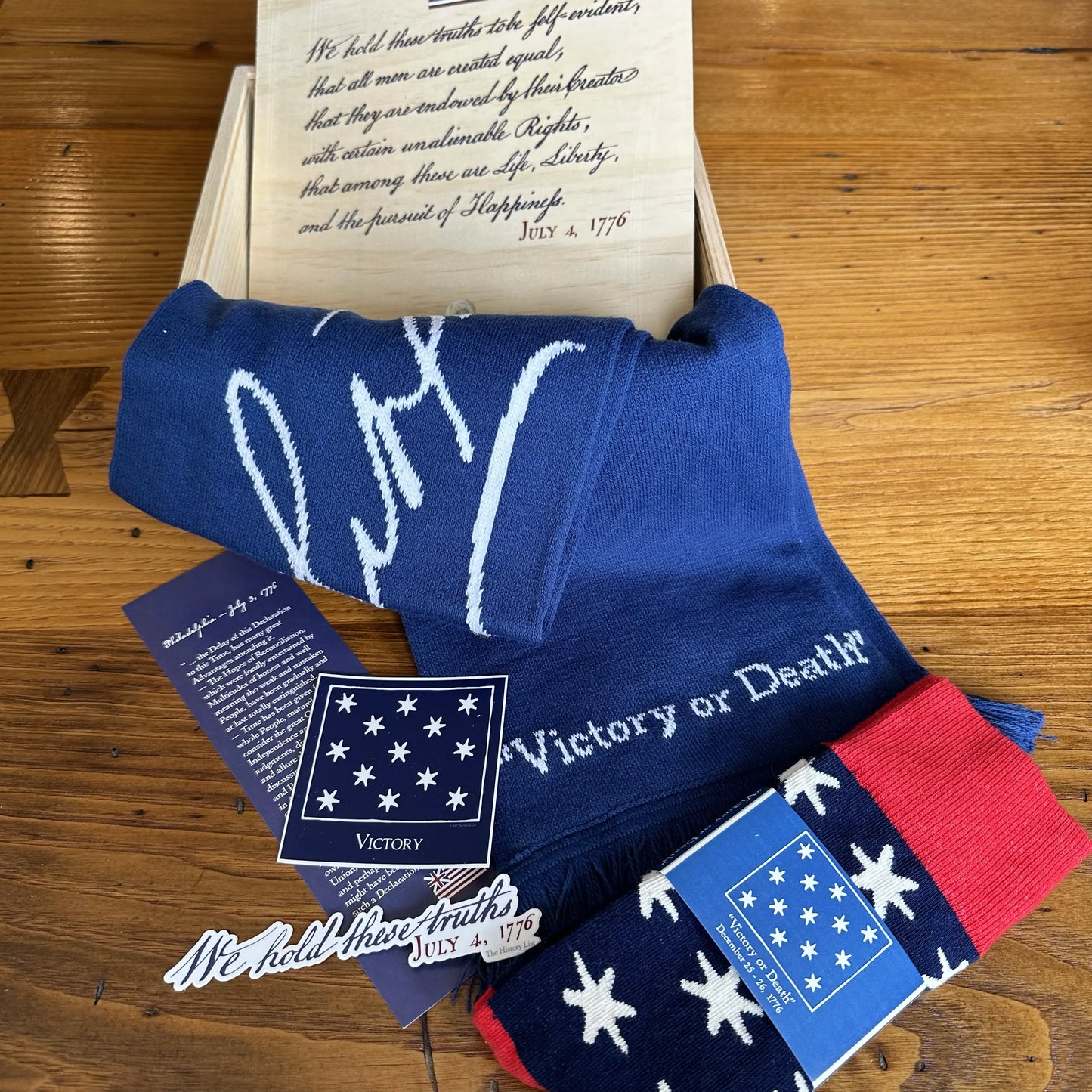 Revolutionary War Victory gift box with "Victory or Death" scarf, socks with stickers and bookmarks from The History List Store