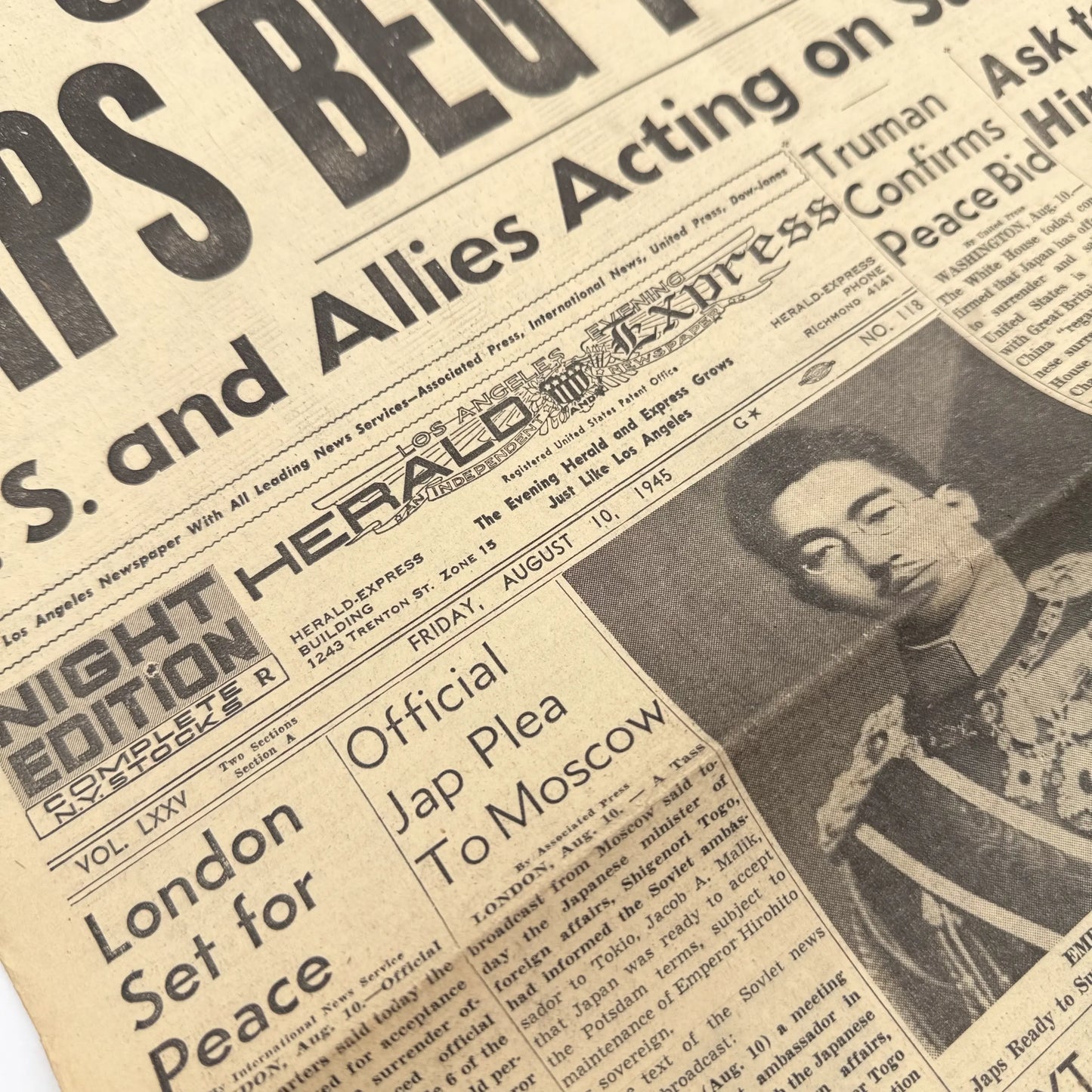 Front pages on the War with Japan: Declared, Bombed, Plea, Peace