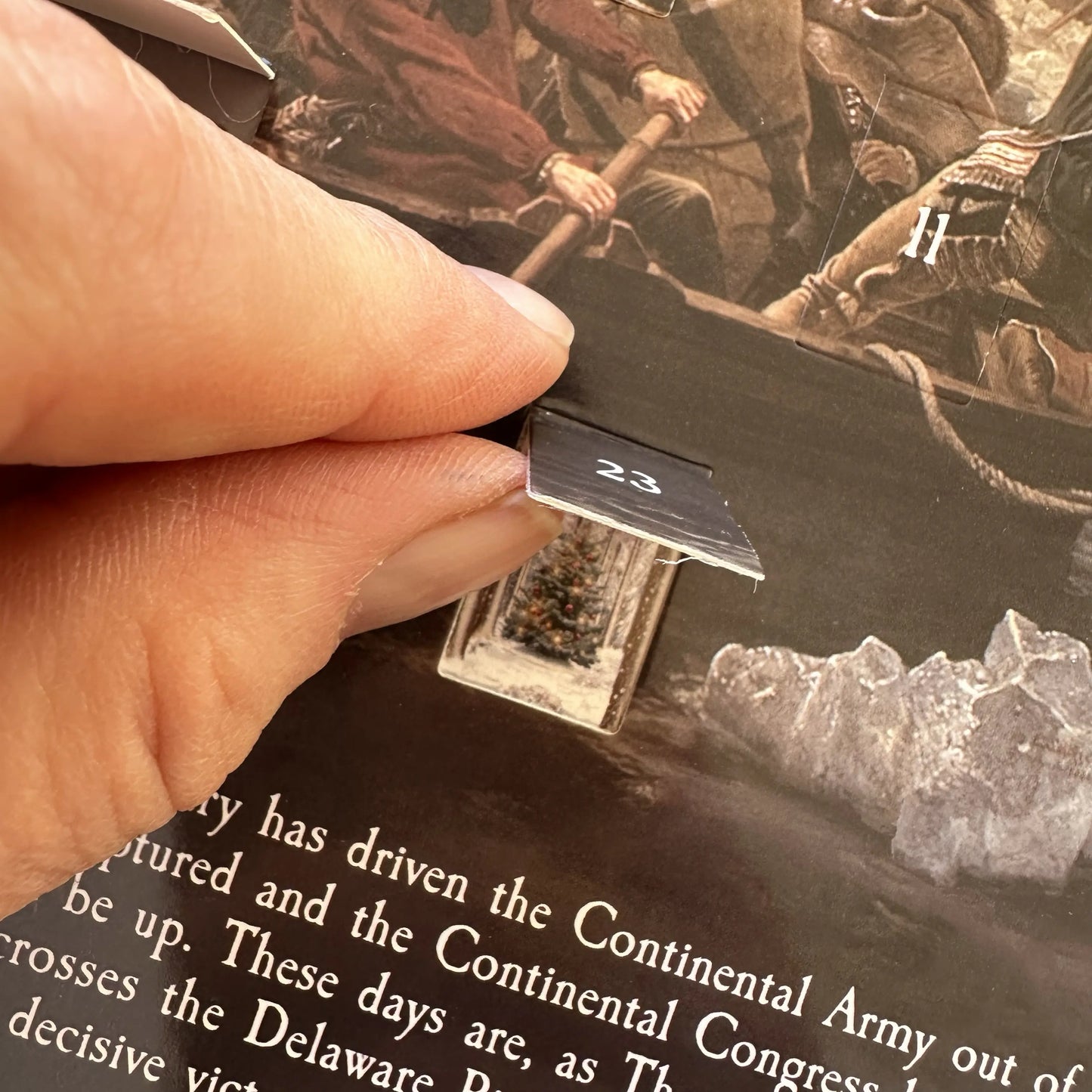 Christmas tree behind window of "Washington Crossing the Delaware" Advent Calendar — With mailing envelope from The History List store