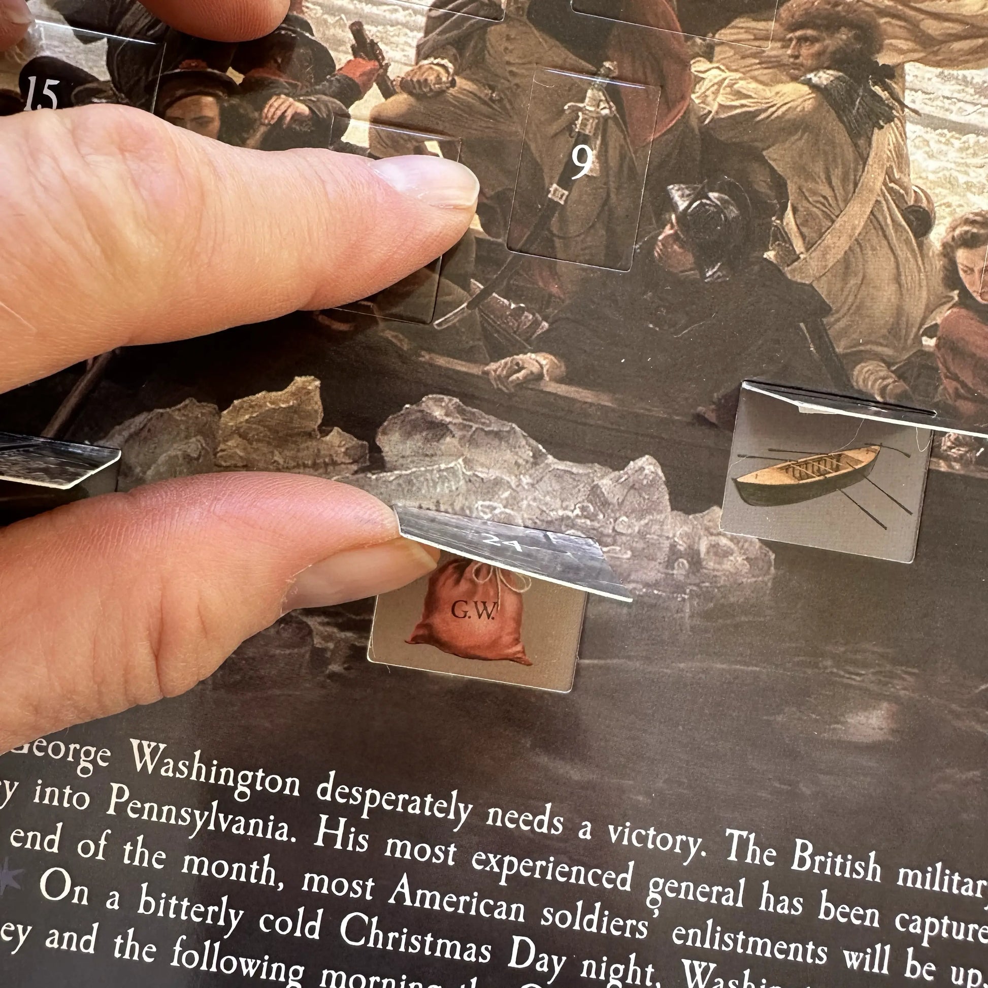 Santa bag behind window of "Washington Crossing the Delaware" Advent Calendar — With mailing envelope from The History List store