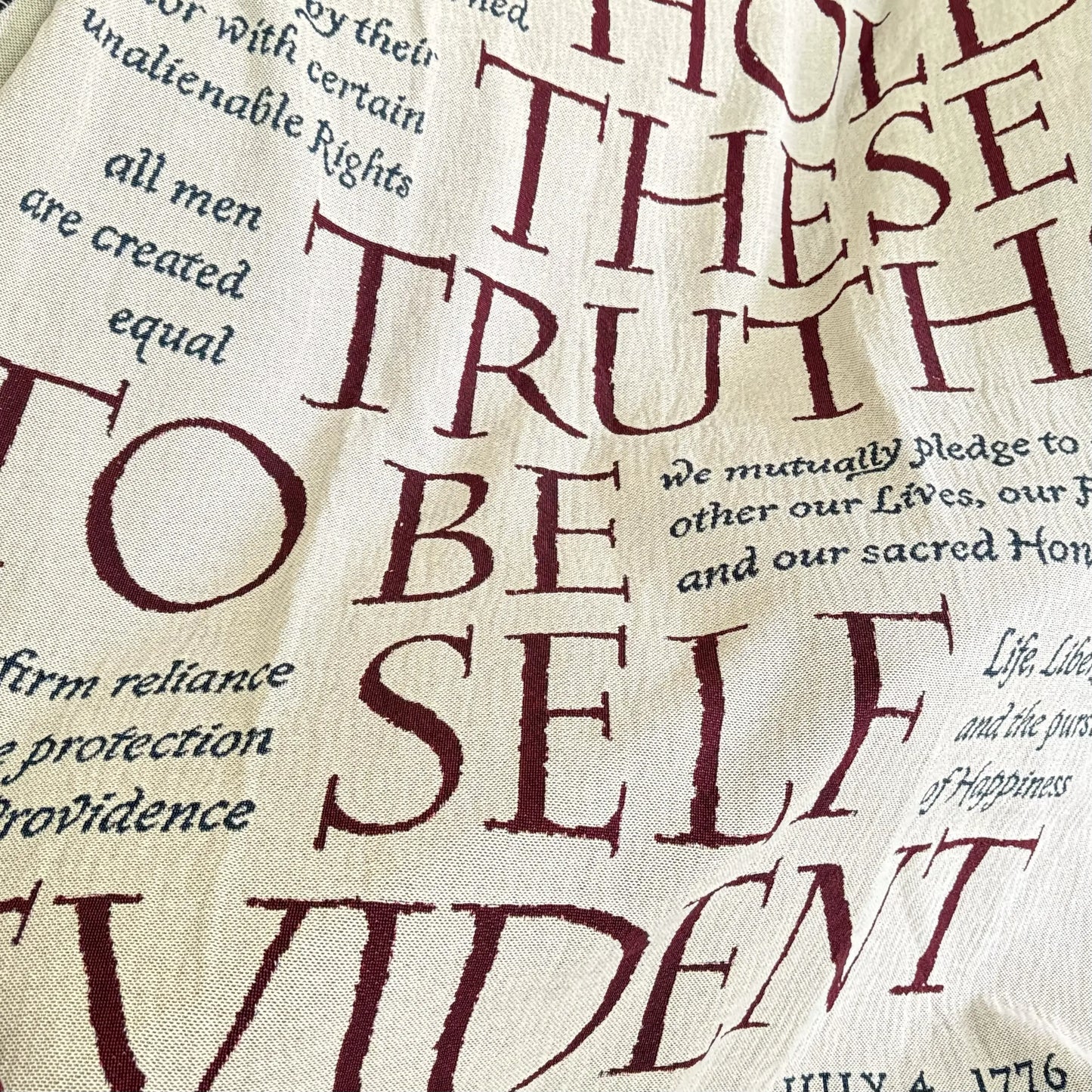 Close-up of "We hold these truths" Declaration of Independence Made in America woven blanket from The History List store