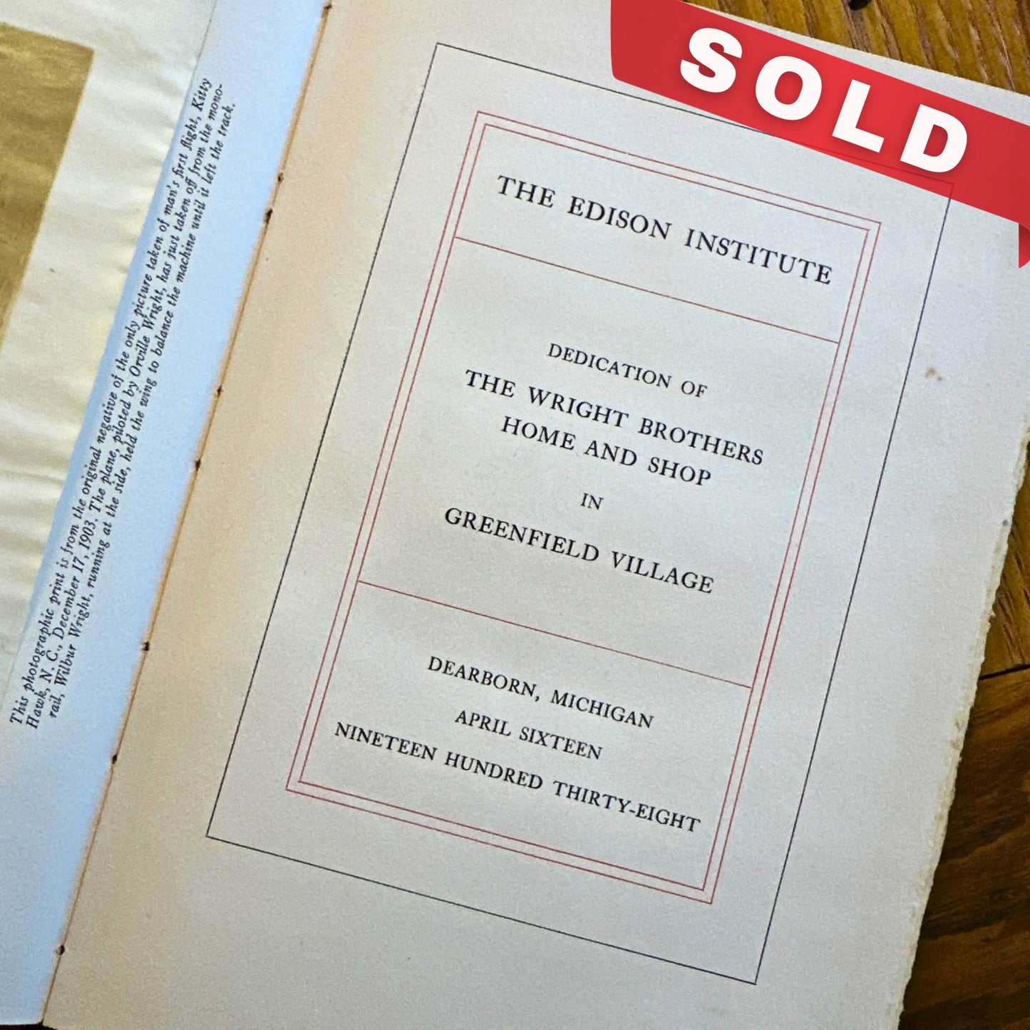 1938 book with rare print from the original negative of the only photo of the Wright Brothers’ first flight