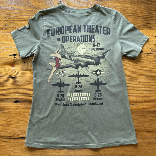 Back view of the WWII Allied Bombers over Europe Women's V-neck shirt from The History List Store.