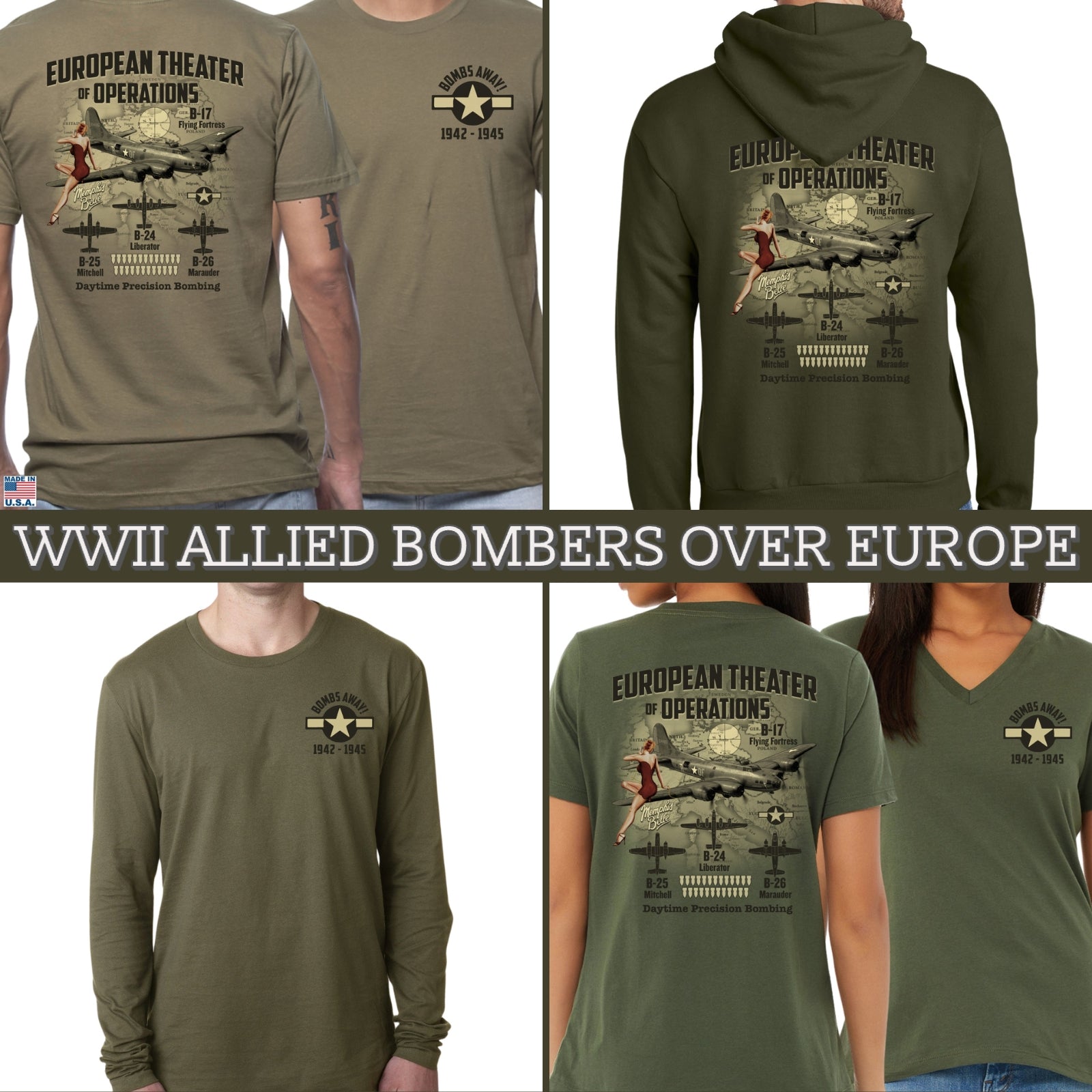 WWII Allied Bombers Over Europe hooded sweatshirt, long-sleeve shirt, shirts, and V-neck from The History List Store.