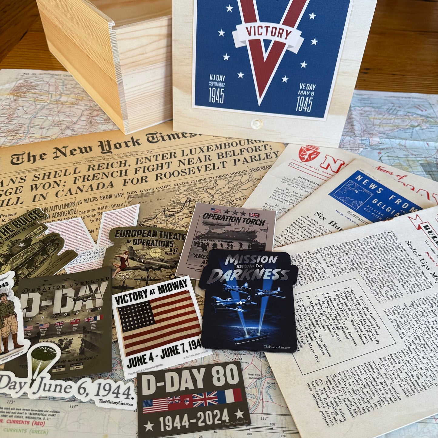 Victory in World War II Gift Box — Standard only or Deluxe box with historic newspaper, escape map, more