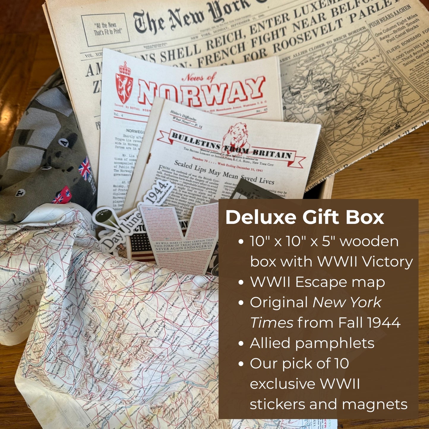 Victory in World War II Gift Box — Standard only or Deluxe box with historic newspaper, escape map, more