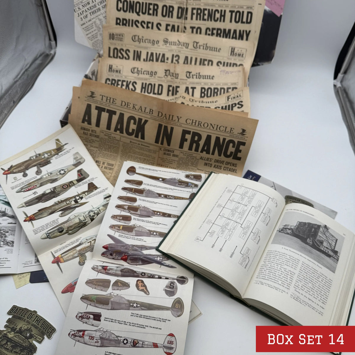 World War II History Box with Publications and Front Pages — Made in America