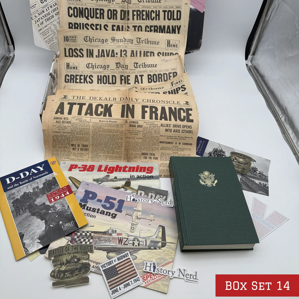 World War II History Box with Publications and Front Pages — Made in America