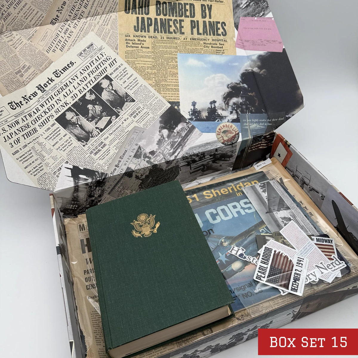 World War II History Box with Publications and Front Pages — Made in America