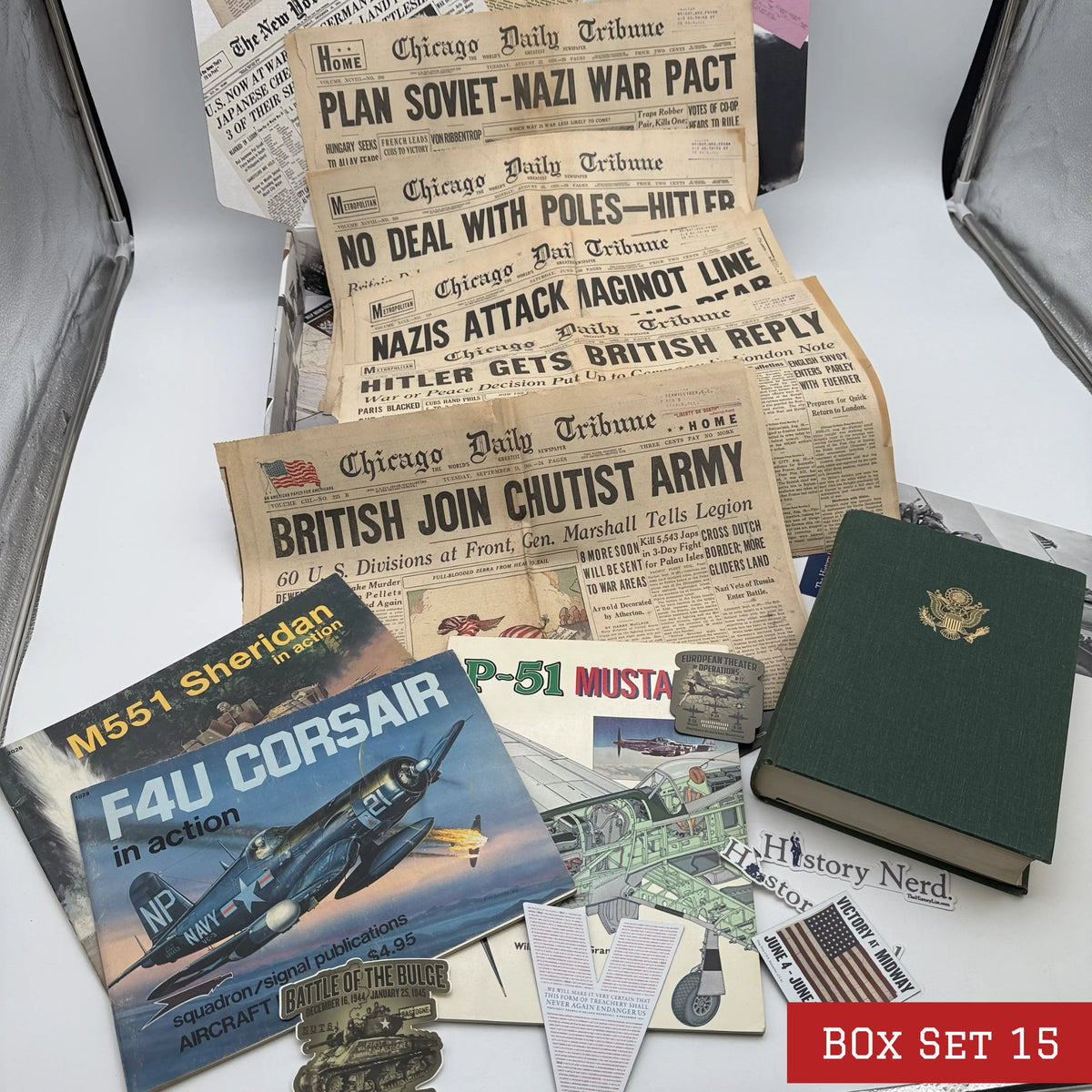 World War II History Box with Publications and Front Pages — Made in America