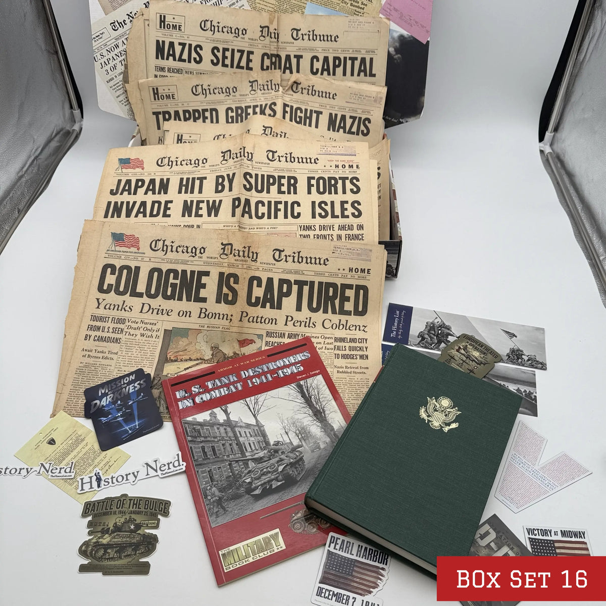 World War II History Box with Publications and Front Pages — Made in America