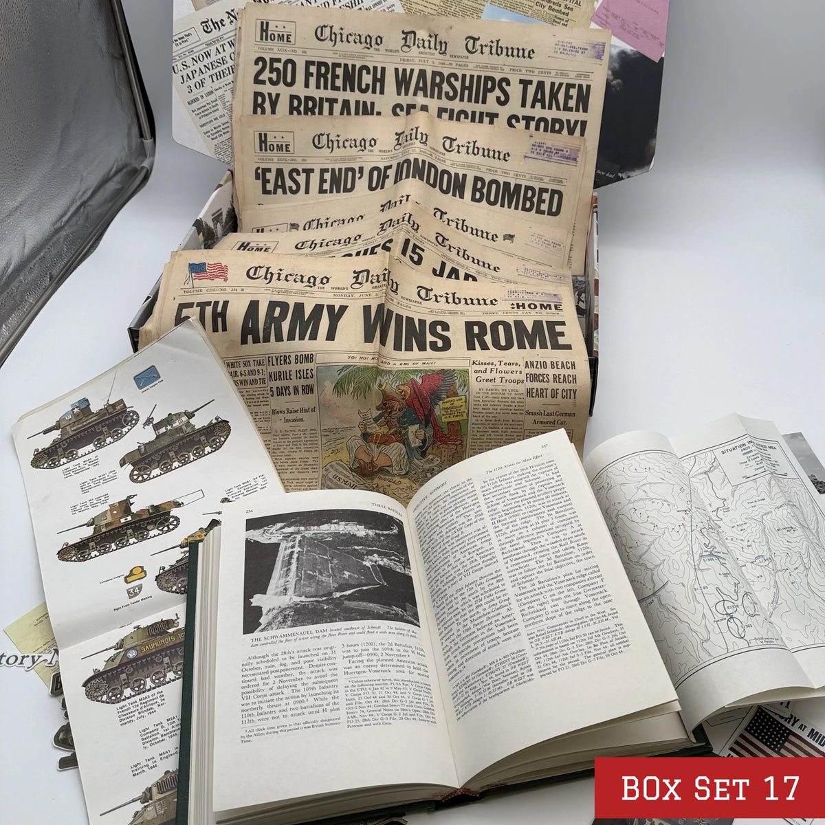 World War II History Box with Publications and Front Pages — Made in America