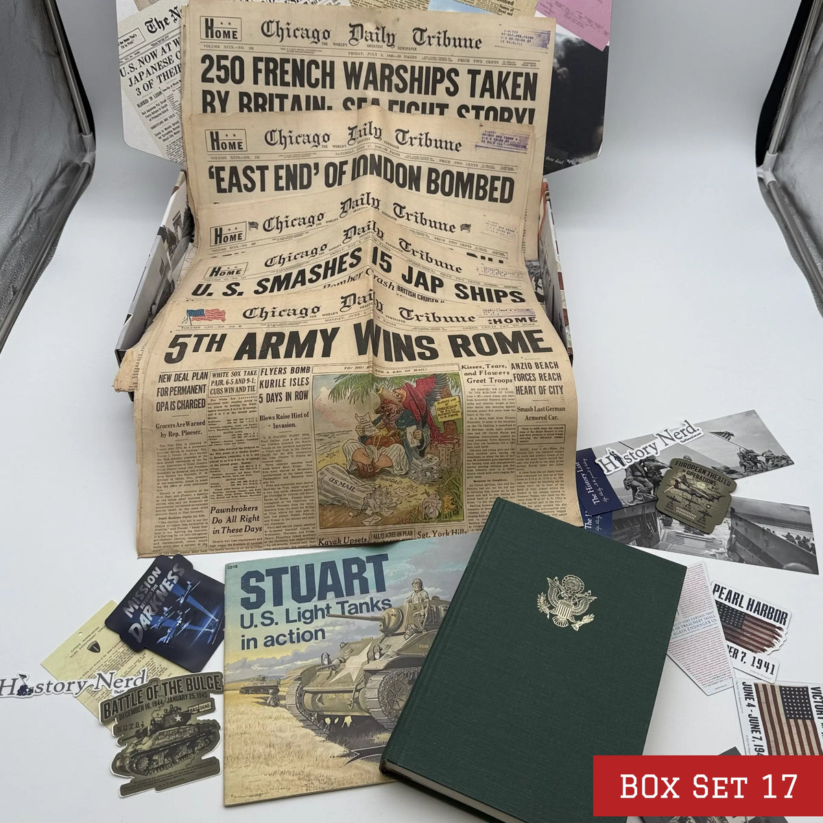 World War II History Box with Publications and Front Pages — Made in America
