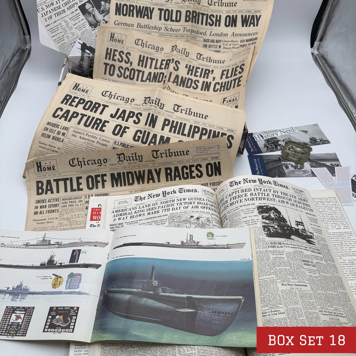 World War II History Box with Publications and Front Pages — Made in America