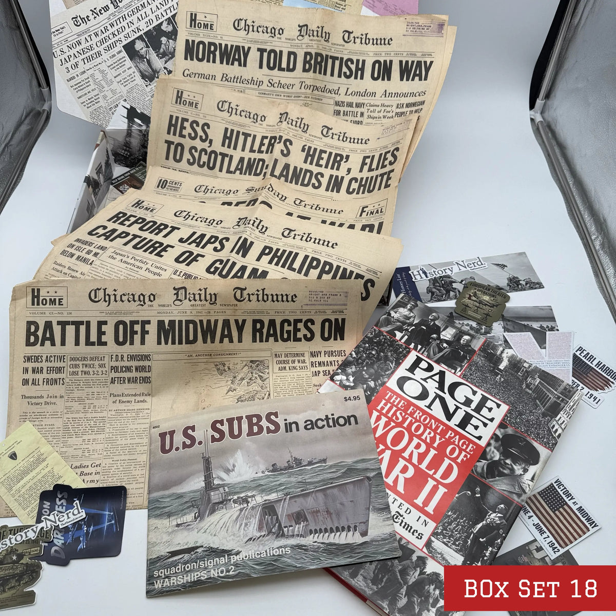 World War II History Box with Publications and Front Pages — Made in America